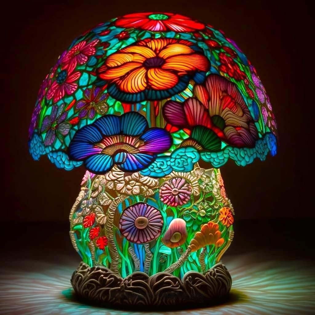 SRstrat Painting Glass Mushroom Table Lamp,Stained Glass Plant Series