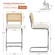 Zesthouse 26 Rattan Counter Height Bar Stools Set of 2, Boucle Upholstered Barstools with Cane Back and Chrome Base, Mid Century Counter Height Chairs for Kitchen Island, White
