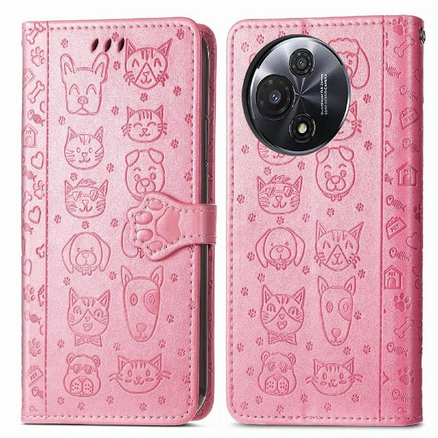 Funda Cartera FOXDOCK para TCL 60 , Flip PU con Relieve de Gatos y Perros, Tarjetero y Soporte