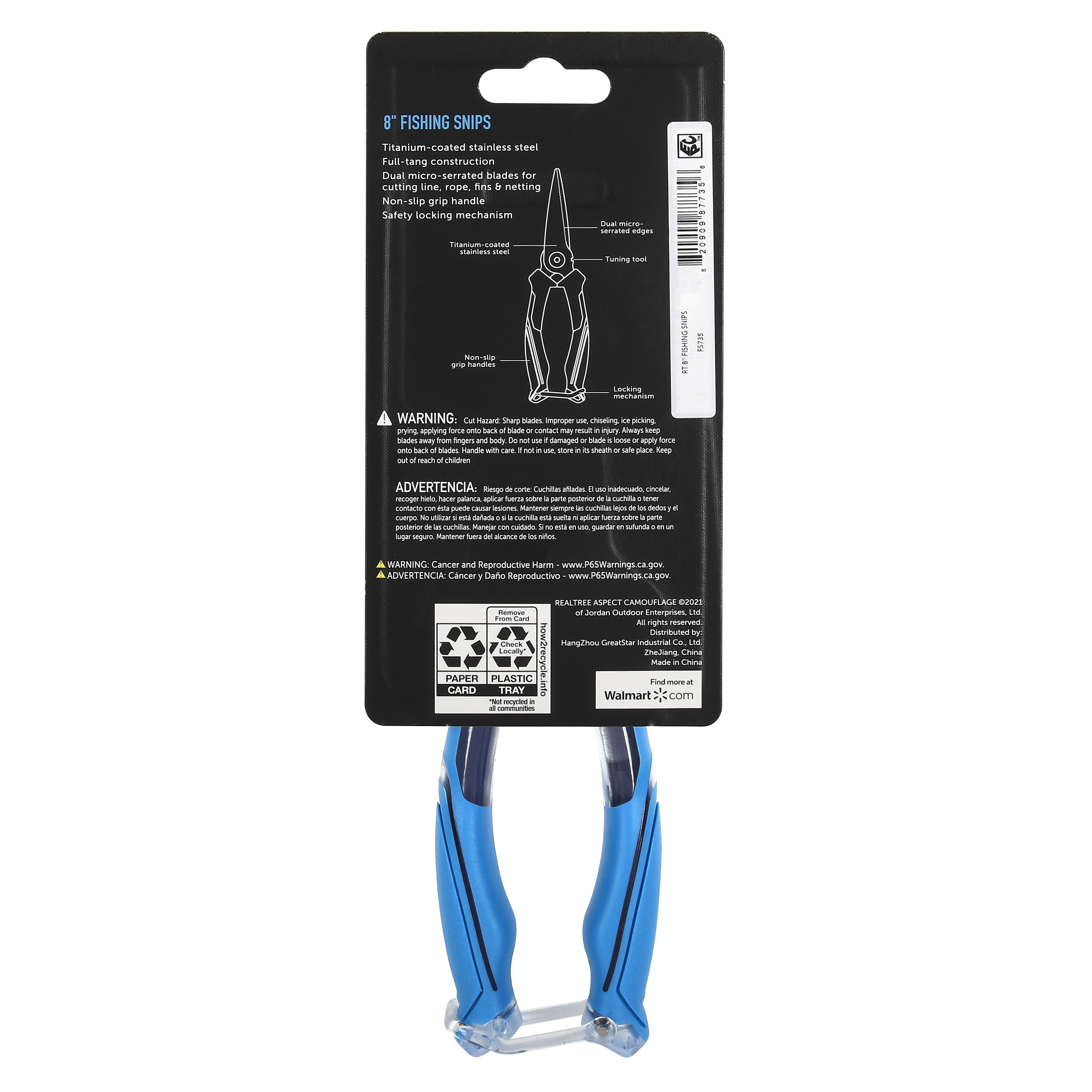 Realtree Fishing 8-inch Snips with Integrated Wire Cutter, Stainless Steel, Blue