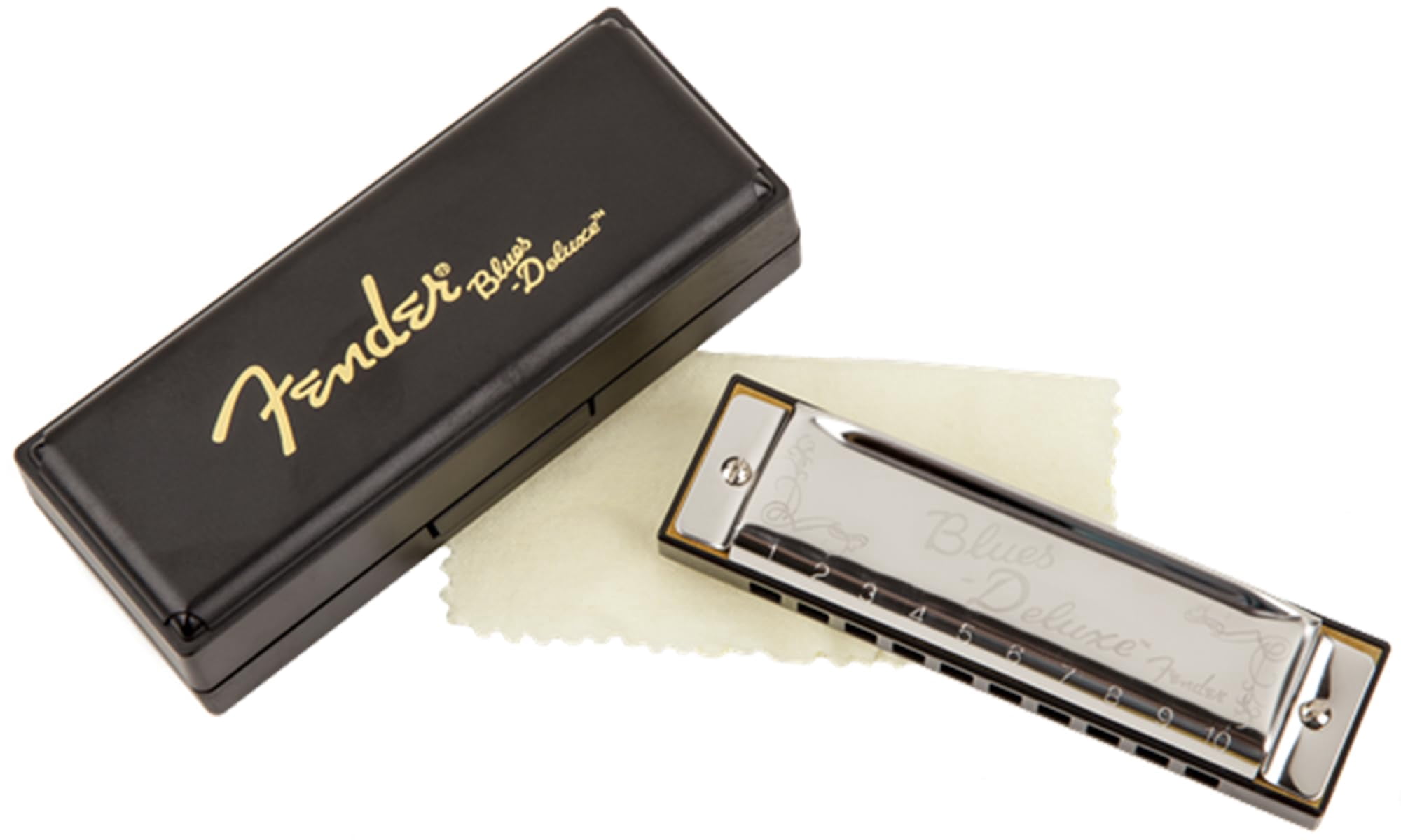 Fender Blues Deluxe Harmonica - Key of D Bundle with Carrying Case, Austin Bazaar Online Manual and Polishing Cloth