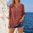 thumbnail image 2 of Summer Fall Shirts for Ladies Short Rolled Women Sleeve Tops Solid Color Cotton Linen Blouses V Neck Soft Floral Print Tunic, 2 of 7