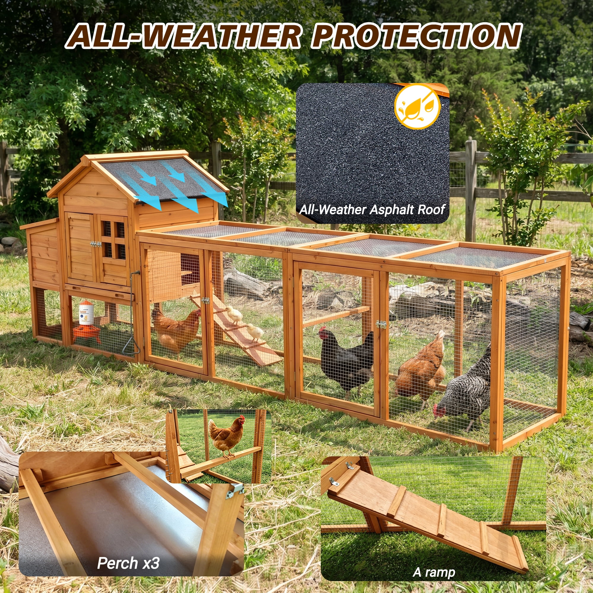 122" Large Chicken Coop with Run, Nest Box & Removable Tray, Weatherproof Wooden Hen House for 4-6 Chickens, Outdoor Poultry Cage