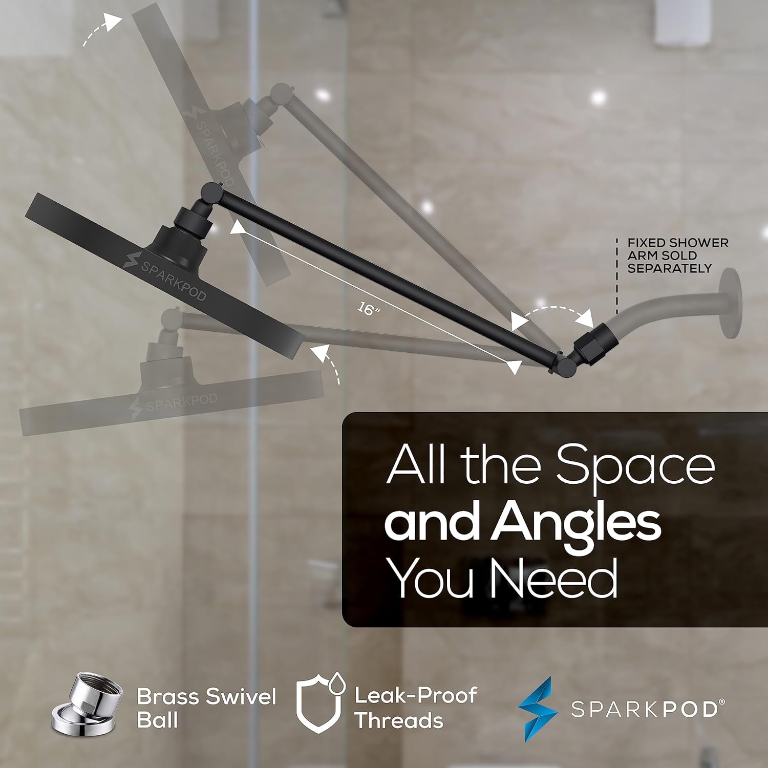 SparkPod Rain Shower Head with Adjustable Extension Arm 16" - High Pressure, Easy Install (8" inch Shower head, Black Matte)