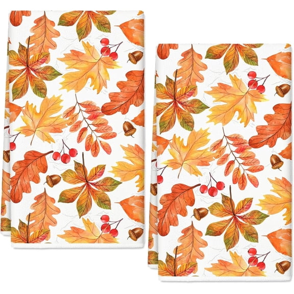 Set of 2 Fall Leaves Kitchen Towels Watercolor Maple Leaves Dish Towels Autumn Hand Drying Tea Towels for Thanksgiving Cooking Baking Cleaning Wipe