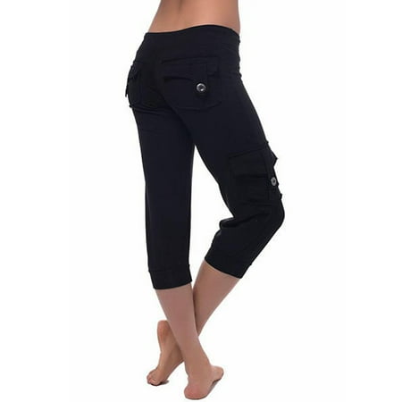 

Frontwalk Womens Yoga Workout Capris Pajama PJ Pants Athletic Cropped Pants with 3 Button Pockets Plus Size