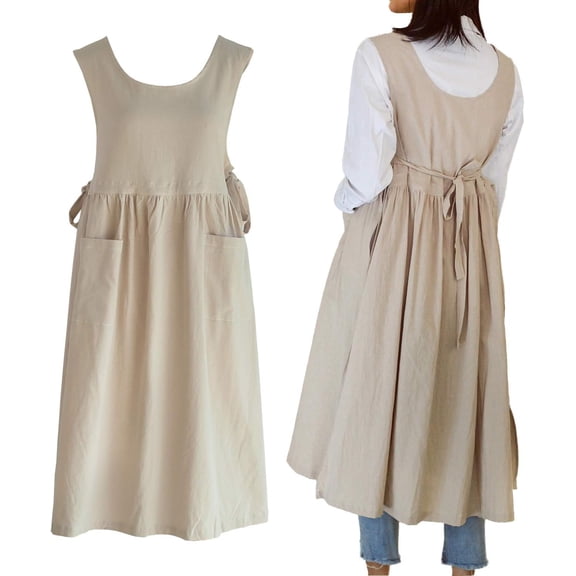Women Plus Size Cotton Linen Vintage Pleated Split Apron Pinafore Dress with Two Pockets