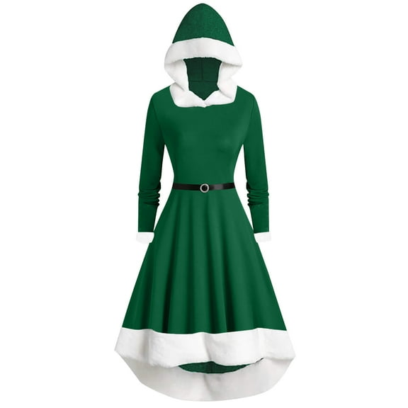 Edvintorg Hooded Christmas Dress Women Solid Long Sleeve Christmas Furry Draw Back Party Dresseses Winter Dress for Women 2025