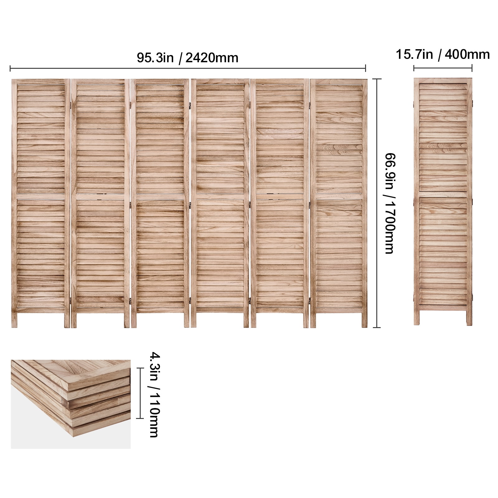 VEVOR Wood Room Divider, 6 Panel Wood Folding Privacy Screen, 66.9 Inches&nbsp;Tall Indoor Louvered Partition Divider,Portable Decoration Screen,for Room Separation,&nbsp;Office