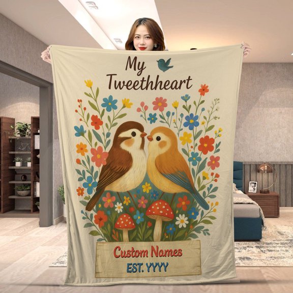 Personalized Bird Couple Blanket – Custom Names & Year, Cute Lovebirds Throw Blanket For Couples, My Tweetheart Fleece Blanket Gift for Anniversary, Valentine’s Day, Romantic Home Décor
