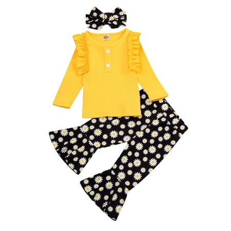 

Bagilaanoe Newborn Baby Girls 3Pcs Long Pants Set Long Sleeve Ruffles Pullover Tops + Daisy Print Trousers + Headband 6M 12M 18M 24M Casual Outfits