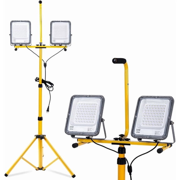 50000 Lumen LED Work Light with Stand, 2-Head Adjustable Lights with 16.4FT Extended Cord, IP65 Waterproof Tripod Work Lamp for Indoor & Outdoor Job Sites, Workshops, Construction, Garage Lighting