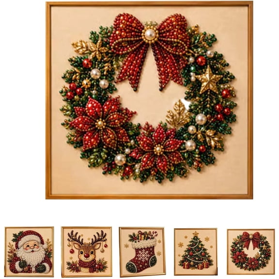 DIY Christmas Pearl Diamond Painting Art Kit with Frame, Christmas Pearl Beads Art Craft for Adults & Beginners, Gemstone Diamond Dots Beads Painting for Home Wall Decor (Style-E)