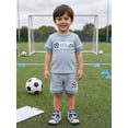 thumbnail image 4 of BemeyourBBs Toddler Baby Boy Football Outfit Infant Baby Boys Summer Clothes Waffled Striped Soccer Embroidered Short Sleeve T-Shirts and Pockets Shorts Set Toddler Baby Boys 2 Piece Summer Outfit, 4 of 9