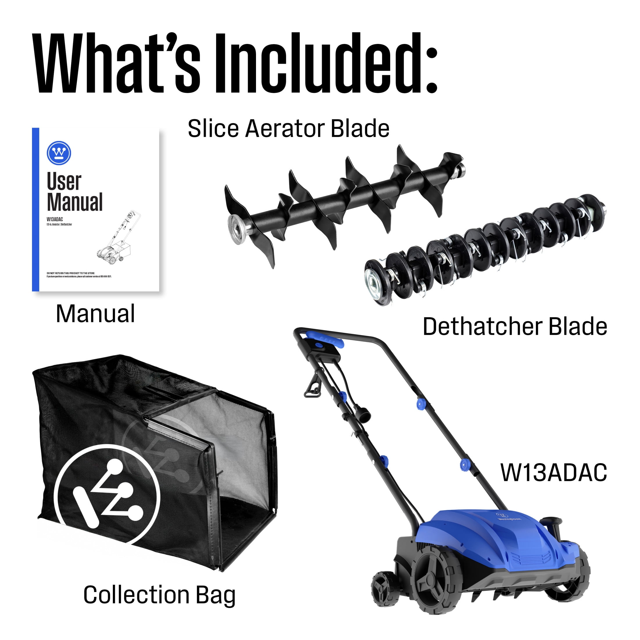 Westinghouse W13ADAC 13-Inch 12 Amp 2-in-1 Corded Electric Dethatcher and Aerator with 8 Gallon Thatch Collection Bag, 4-Position Depth Adjustment, Foldable Handle