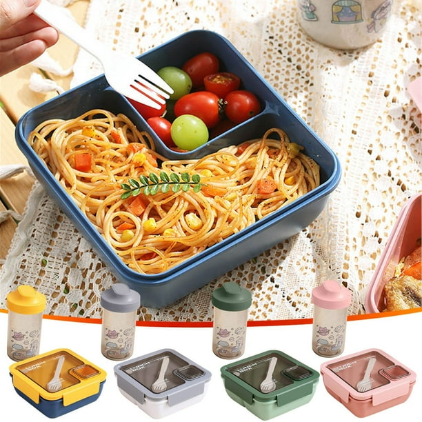 Fiambrera portátil de plástico con cubiertos adjuntos - Caja Bento de 800 ml con 2 compartimentos y caja de condimentos - tapa con cierre impermeable para oficina, picnics y viajes