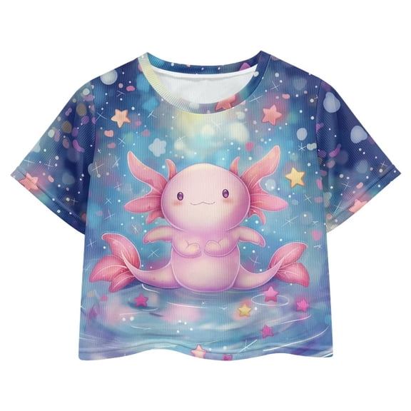 Uourmeti Axolotl Kids Crop Tops 5-14Y Girls Cute Short Sports T-Shirt Summer Loose Crewneck Pullover