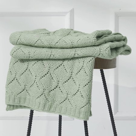 Amelie Home Wave Pattern Knit Throw Blanket Farmhouse Decorative Knitted Throw Blankets for Couch Bed 50''x 60''