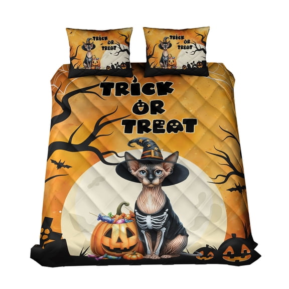 Trick or Treat Sphynx Needs Candy Happy Halloween Night Quilt Bedding Set Cat Lover Kitten Owner Gifts Idea 1 Blanket Bed Cover 2 Pillowcases - 02020