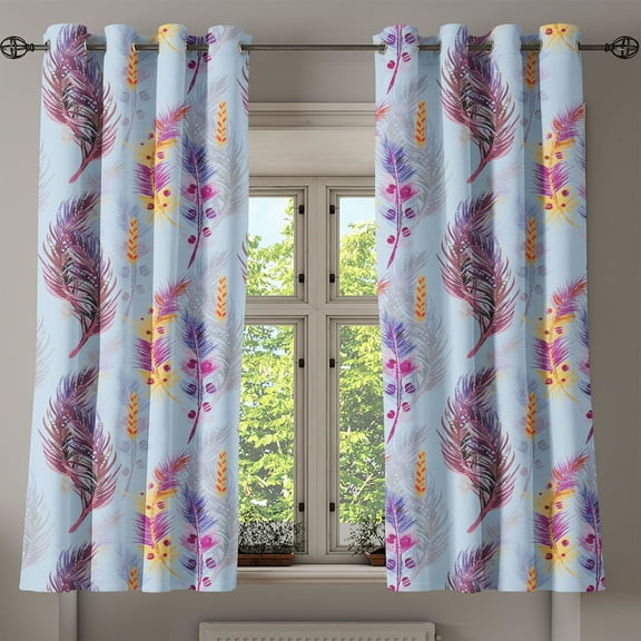 Ambesonne Boho Feathers Grommet Curtain, Hippie Fuzz Pattern, 50"x60", Pale Blue Dried Rose