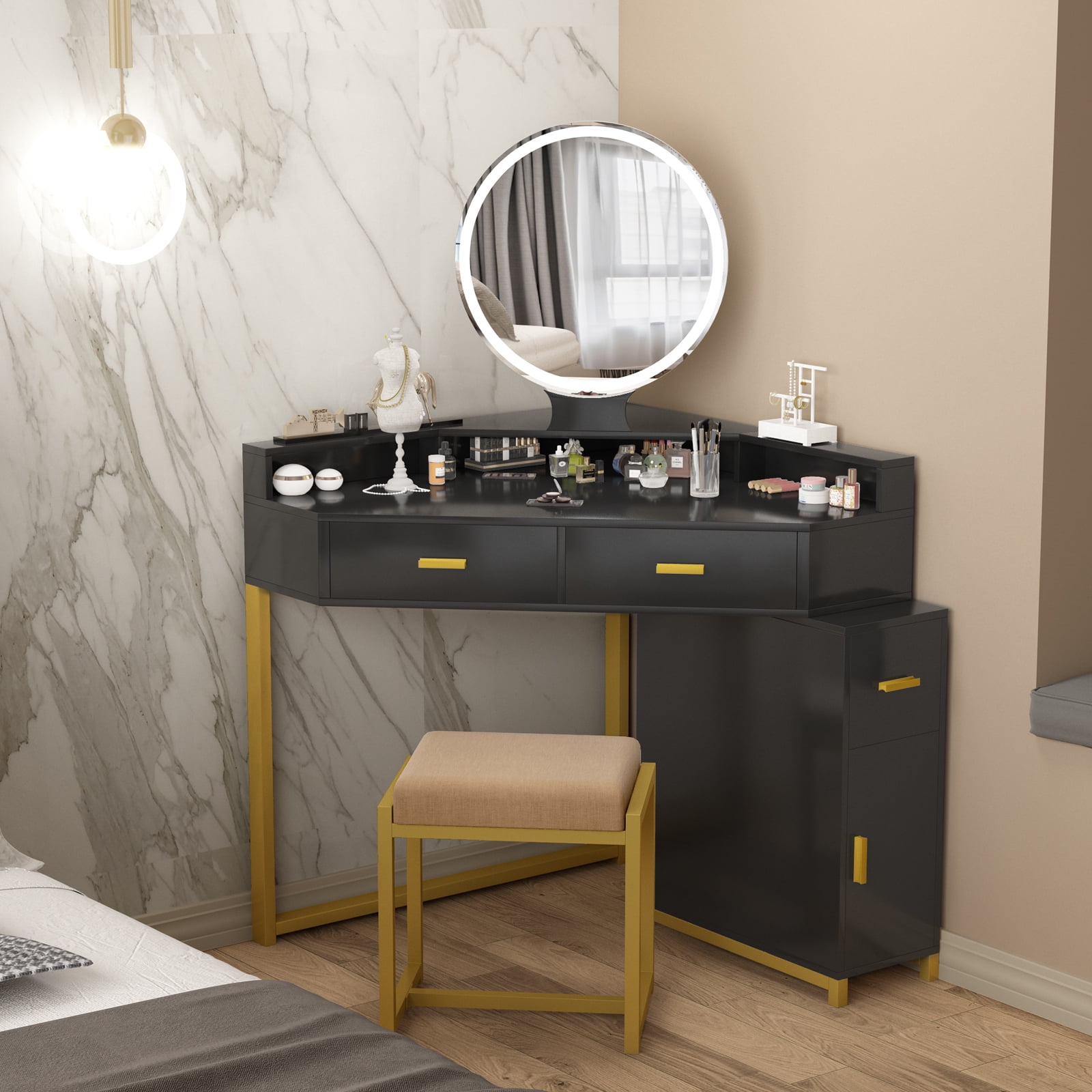 Black Corner Dressing Table Woman Make Up Unit Vanity Mirror Bedroom Dresser UK 