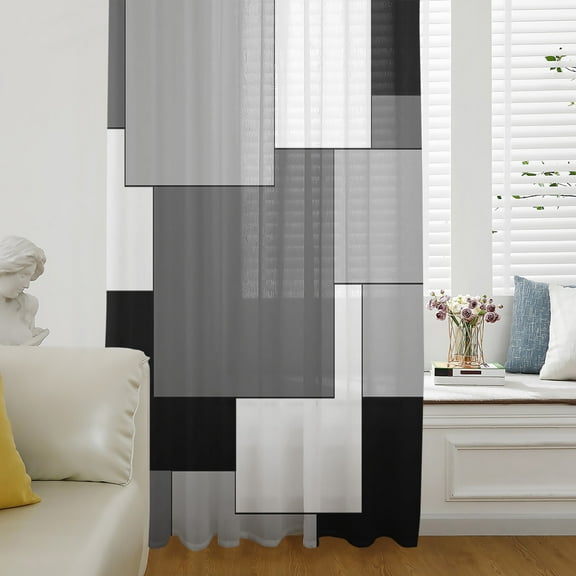 Black Grey Semi Sheer Curtains Drapes for Living Room, Bedroom, French Doors Window 54 Inches Long, Middle Century Irregular Geo Abstract Art Rod Pocket Chiffon Curtain Drapery Voile Draperies Panel