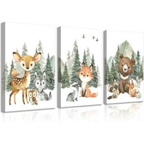 3Pcs Woodland Animal Nursery Canvas Wall Art Forest Adventure Theme Animals Picture Posters Wall Decor Cute Watercolor Deer Bear Fox Painting Print Artwork for Kids Baby Bedroom Decor 16x24in Und