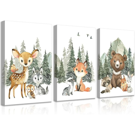 3Pcs Woodland Animal Nursery Canvas Wall Art Forest Adventure Theme Animals Picture Posters Wall Decor Cute Watercolor Deer Bear Fox Painting Print Artwork for Kids Baby Bedroom Decor 16x24in Und