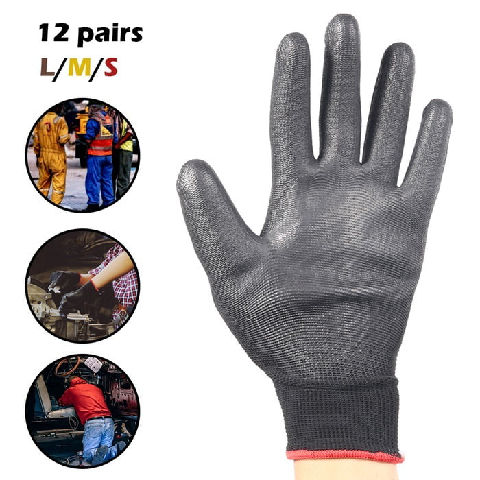 12 Pairs Grey Nylon PU Grip Safety Work Gloves Builders Gardening Mechanic