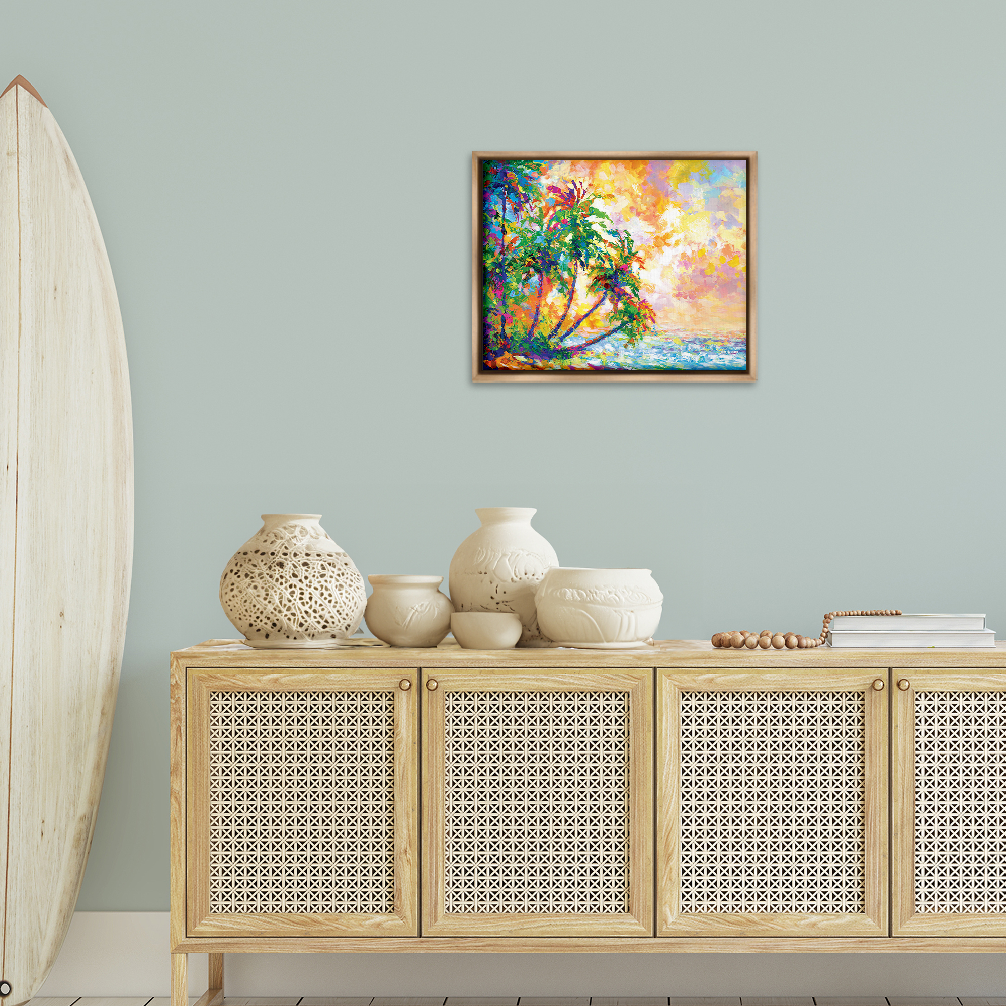 Stupell Industries Full Beach Palms Landscape Painting Brown Floater Framed Canvas Art Print Wall Art, 21 x 17