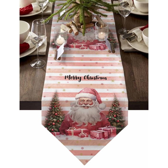 Table Runner Dresser Scarves Christmas Cute Santa Xmas Tree Cotton Linen Burlap Table Cover Winter Snowflake on Stripe Table Runners for Family Kitchen Dining Holiday Party Banquet Decor