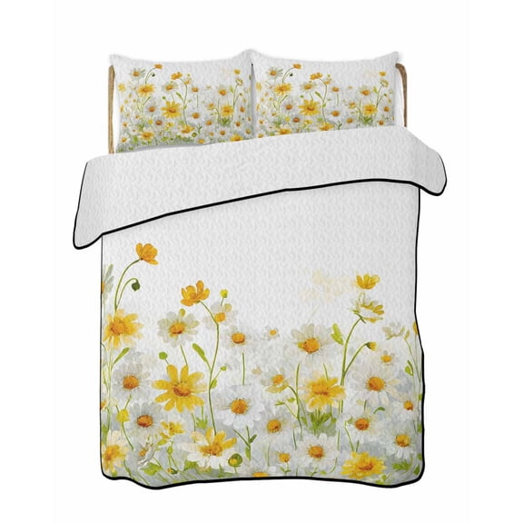 Quilts Twin Size Bedding Set, Yellow White Daisy Lightweight Quilted Comforter, Farmhouse Garden Flowers Blossom Soft Reversible Bedspread Coverlet with Pillow Covers for All Season, 68" x 86"