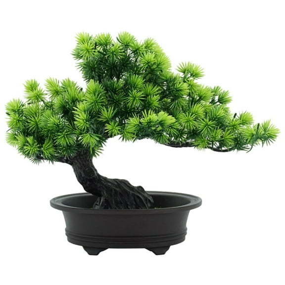 Realistic Artificial Bonsai Tree, Faux Pine Bonsai Tree, Indoor Home Decor, Office, Hotel Decoration, Black Pot, 9.06 in / 23 cm Height, Green Needle Leaves, Unique Curved Trunk Design