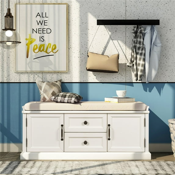 Storage Bench with 2 Drawers and Cabinets,Family Entrance Living Room Shoe Changing Stool with Removable Cushion, Entrance Resting Stool