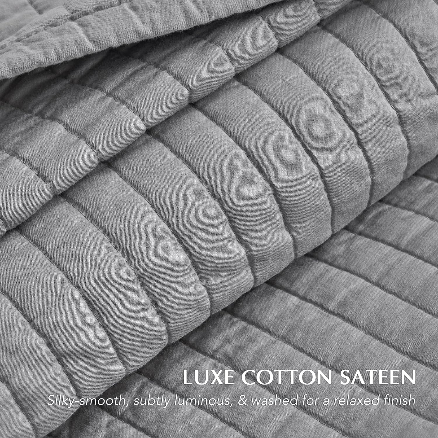 EVERGRACE Cotton Sateen Quilt Set King Size, Pre-Washed Cotton Channel Stitch Coverlet Bedspread, 3 Pieces Lightweight Soft Bedding Sets for All Season, with 2 Pillow Shams, Fog Gray
