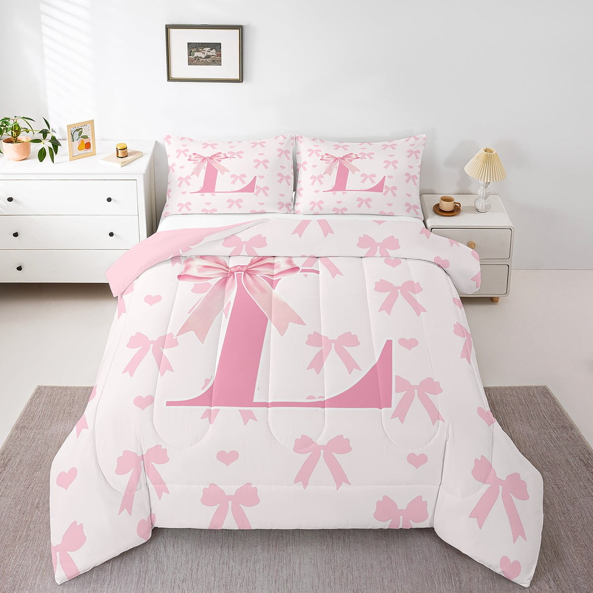 Initial Letter Q Chic Comforter Set Queen Size,Dreamy Bow Love