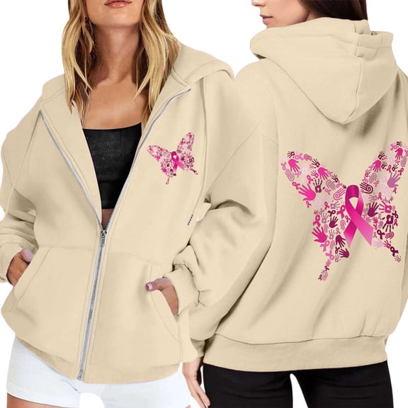 Bibifish Women'S Fleece Hoodies Autumn Zipper Pullover With Pocket Drawstring Breast Cancer Awareness Month Sweatshirts