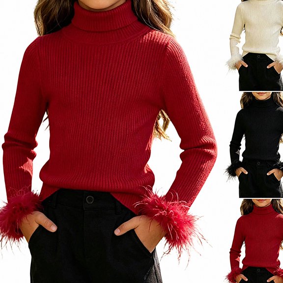 Afuyipoi Girls Feather Cuff Ribbed Turtleneck Pullover Sweater 100% Cotton for Kids Size 0-12Y Holiday Style Red Size 3T