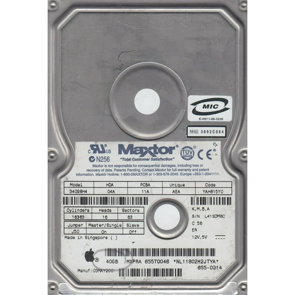 34098H4, Code YAH815Y0, KMBA, Maxtor 40GB IDE 3.5 Hard Drive