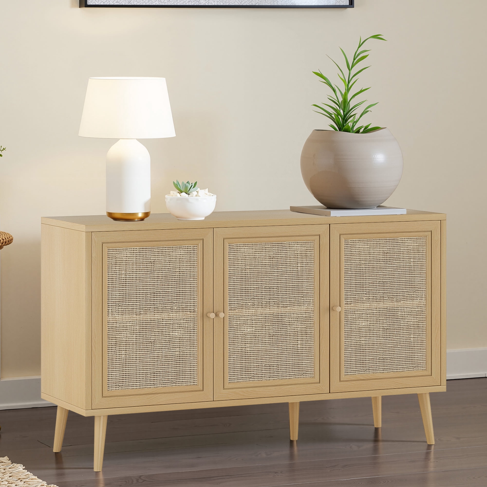 MAYEERTY Natural 47*15*28"Rattan-Fronted Sideboard Cabinet with 3 Doors for Dining Room & Entryway Storage