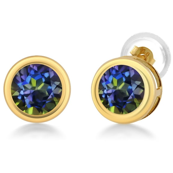 Gem Stone King 14K Yellow Gold Blue Mystic Topaz Stud Earrings for Women Men  (1.00 Cttw, Gemstone Birthstone, Round 5MM)