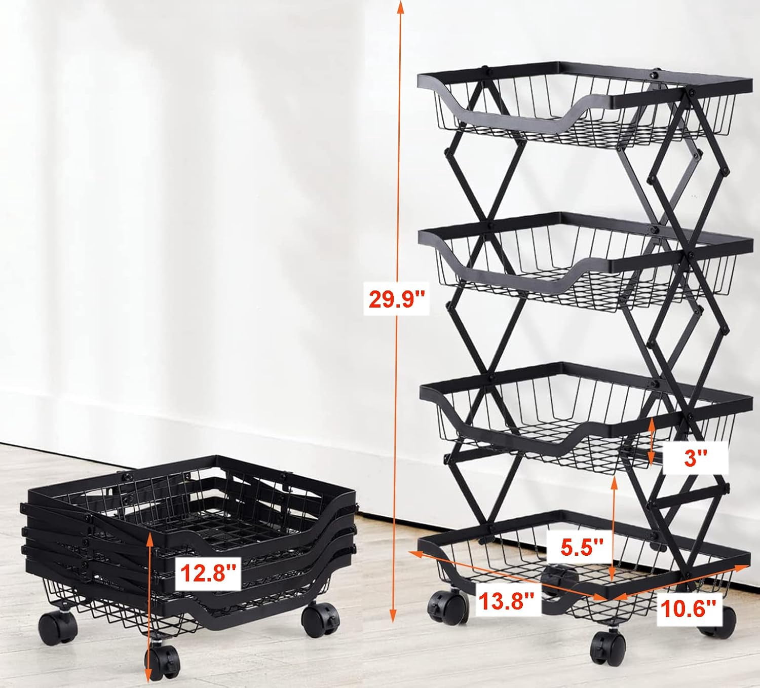 Alexent 4-Tier Foldable Rolling Storage Cart, No Assembly, Space-Saving Metal Organizer with Wheels for Kitchen Pantry Bathroom