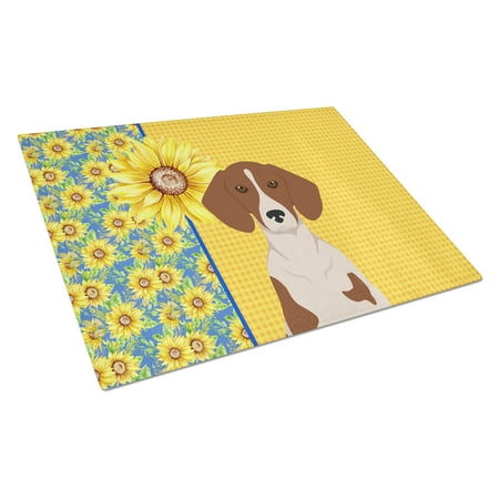 

Summer Sunflowers Red Piebald Dachshund Glass Cutting Board Large 12 in x 15 in