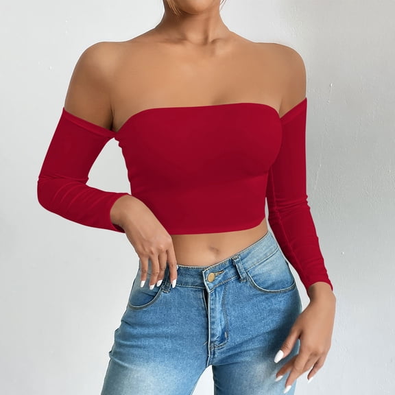 purcolt Womens Off Shoulder Crop Top Long Sleeve Bandeau Shirts Slim Fit Y2K Going Out Tops