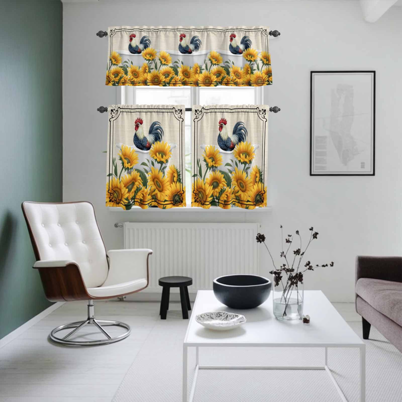 Farmhouse Kitchen Curtains Valances 3 Piece Set, Chicken in Bathtub Sunflowers Retro Border Linen Rod Pocket Tier Curtain and Valance Drapes for Small Window 24 Inch Length for Bedroom Cafe