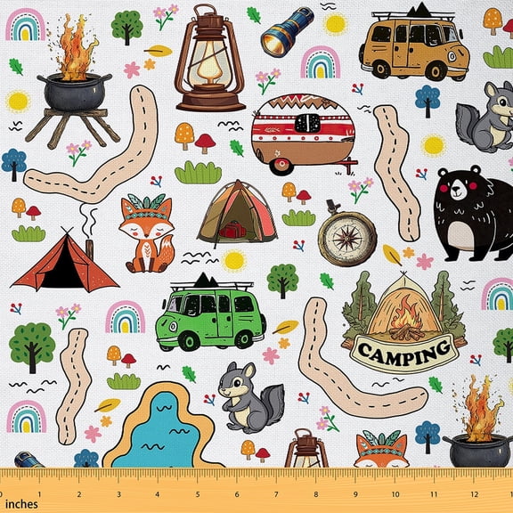 jejeloiu Cartoon Rv Fabric by the Yard 1 Yard,Cute Fox Bear Home Decor Fabric by the Yard,Happy Camping Sewing Fabric For Teens,Microfiber Bedroom Decor
