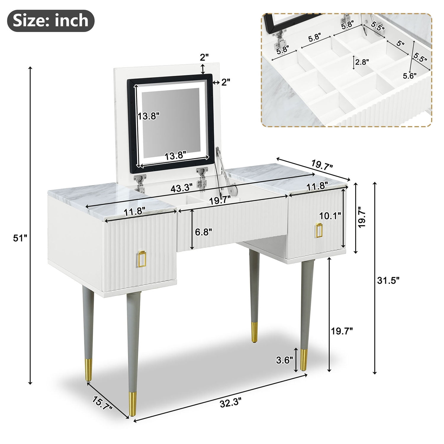 Resenkos 43.3" Modern Vanity Table Set with Flip-top Mirror and LED Light, Dressing Table with Customizable Storage, White and Gray