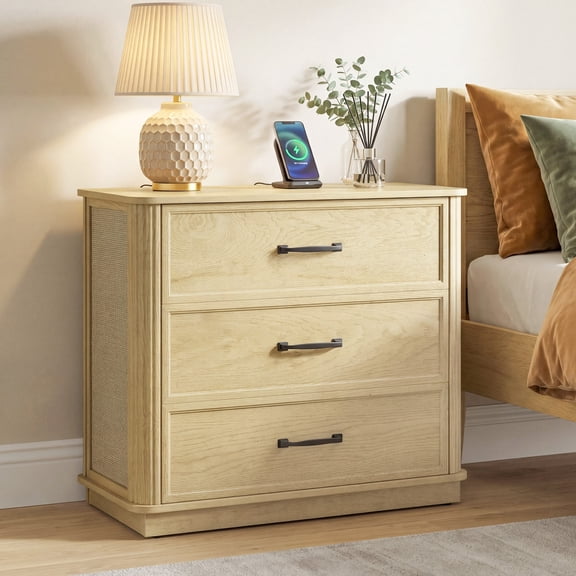 AFO 31.5" W 3-Drawer Nightstand Set of 1 with Oversized Large Storage, Modern Night Stands Bedside Table with Stylish Metal Handles, Wood End Table for Bedroom, Living Room, Natural Wood