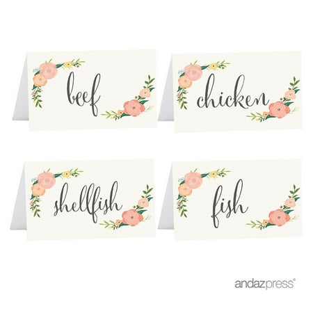 Rose Place Card Beef, Chicken, Fish, Shellfish Food Station Buffet Menu Place Cards, Floral Roses, 20-Pack ()