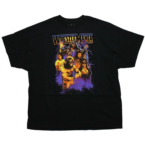WWE New Adult T-Shirt -Wrestlemania Yellow Tint Wrestlers in Purple Smoke